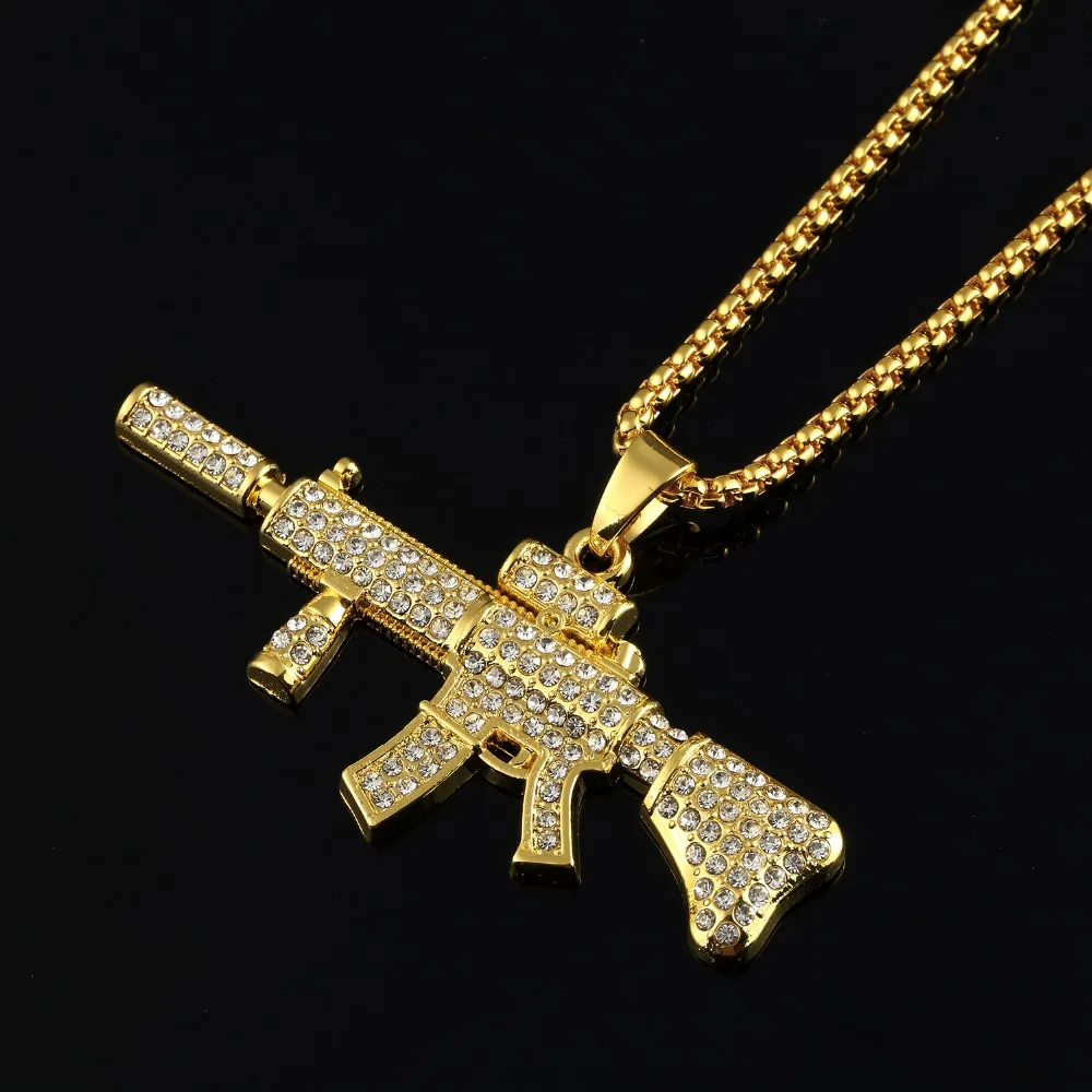 Personalized Rappers Jewelry Bling Hip Hop Iced Out AAA CZ AK47 Carbine Pendant Necklace