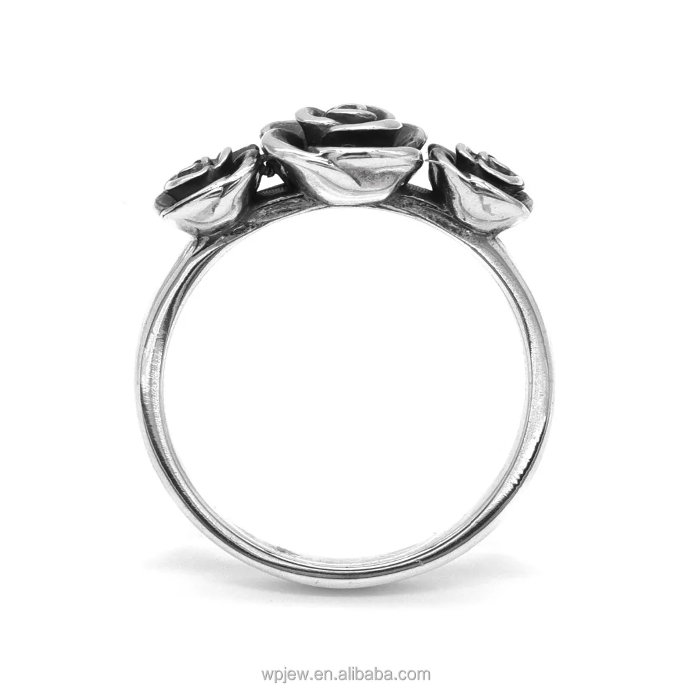 925 Sterling Silver Oxidized Three Black Rose Flower Fashion Wedding Ring Jewelry for Women