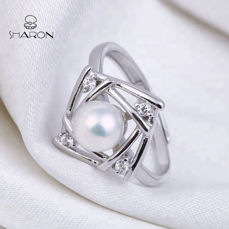 2020 Wholesale Simple S925 Fashion Square Sterling Silver Jewelry Natural Pearl Mount Ring