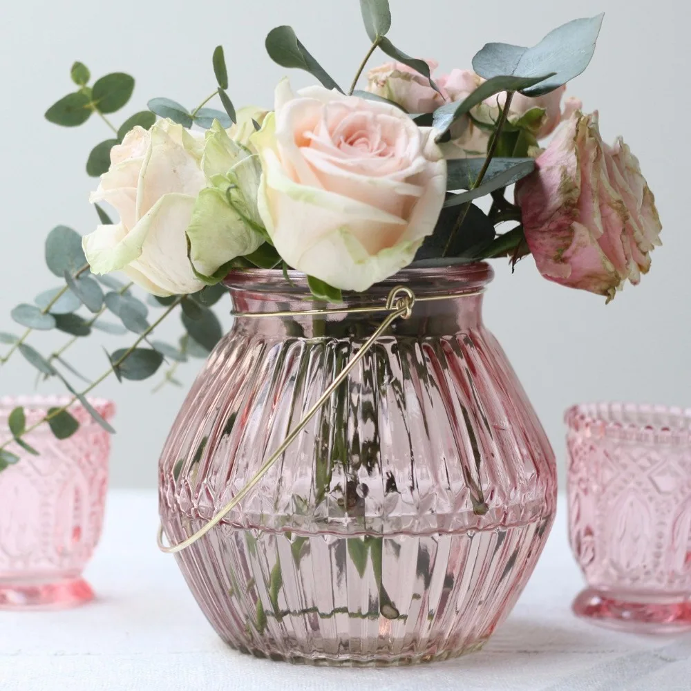 Wholesale pink glass vase with handle for Wedding Centerpiece/Hotels