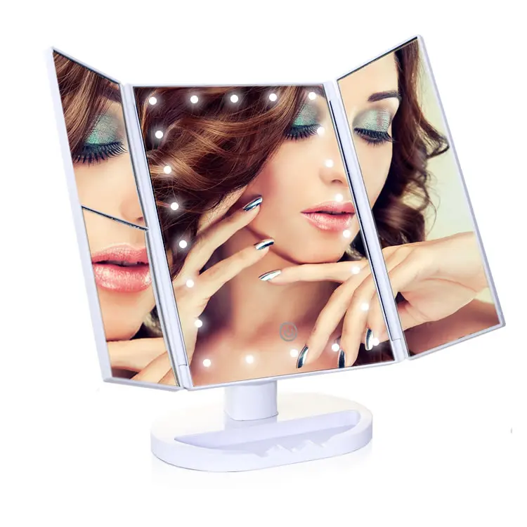 Hot Selling Trifold 180 Degree Adjustable Touch Screen USB Dual Supply Vanity Mirror Light-Up Rotation Magnifying Cosmetic