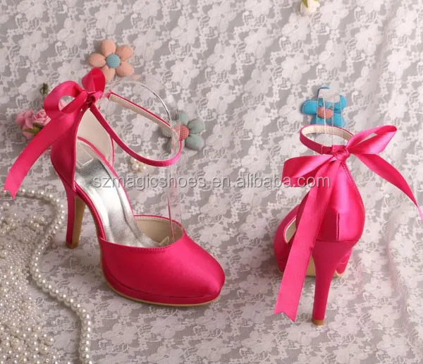 Custom Ribbon Tied Wrap Wedding Shoes Hot Pink
