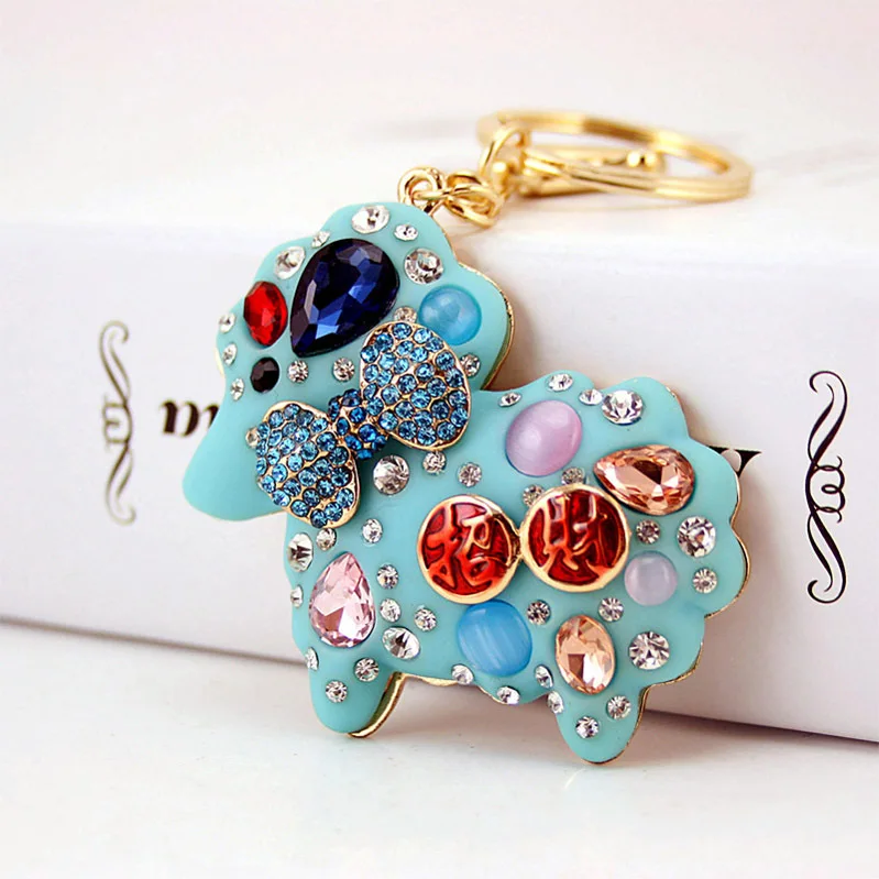 Cute Lovely Zodiac Sheep Keychain Opal Resin Rhinestone Crystal Lamb Key Ring Purse Bag Car Trinket Women Animal Jewelry Gift