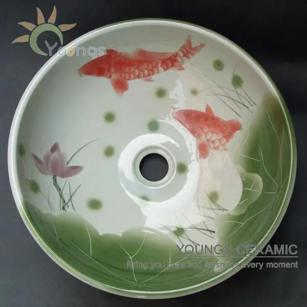 Art Chinese Hand Painted Fish Lotus Porcelain Custom Bathroom Wash Basin For Hotel /Bar
