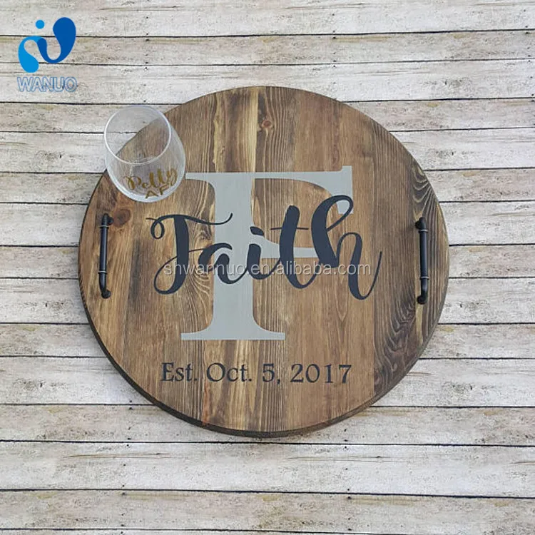 WanuoCraft Custom Round Wooden Serving Tray With Black Handles