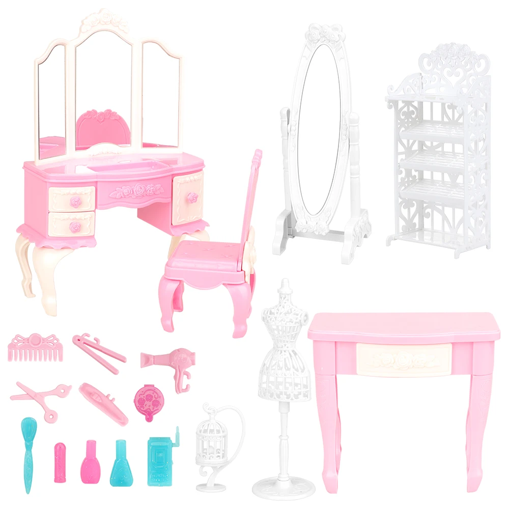 
Fashion 18 Items/Dolll House Accessories=Random Colors Chair Desk Mirror Furniture For 11.5 inch Girl Doll Make Up Dressing Game 