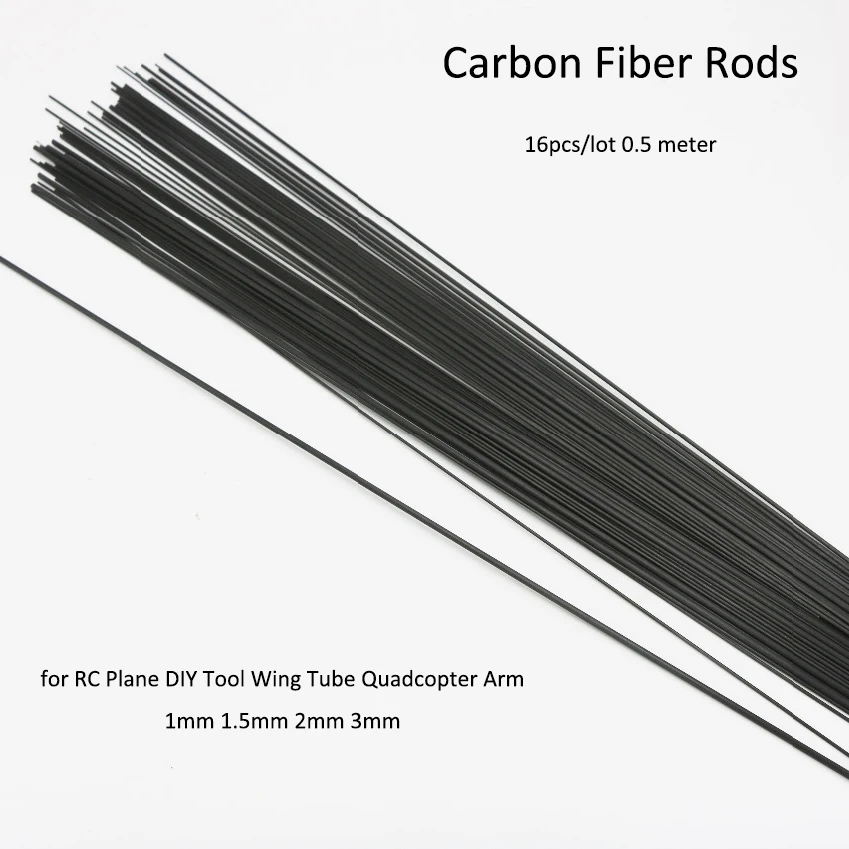 16pcs/lot 0.5 meter Carbon Fiber Rods for RC Plane DIY Tool Wing Tube Quadcopter Arm 1mm 1.5mm 2mm 3mm (0.5 meter)