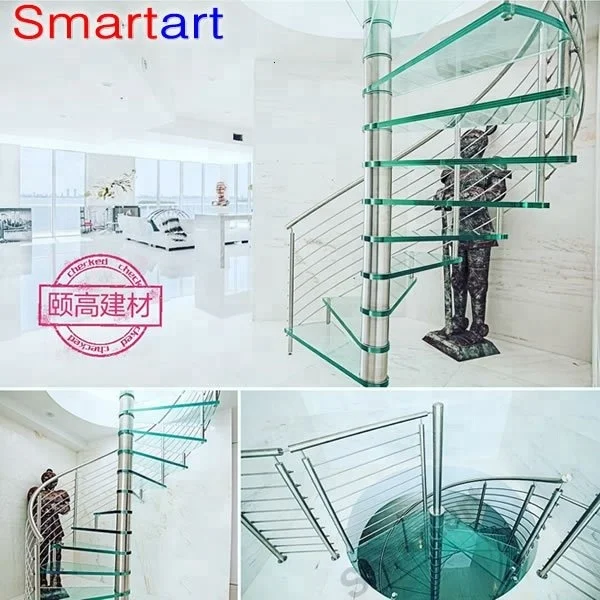 Smartart China Manufacturer stainless steel beam spiral staircases with glass steps