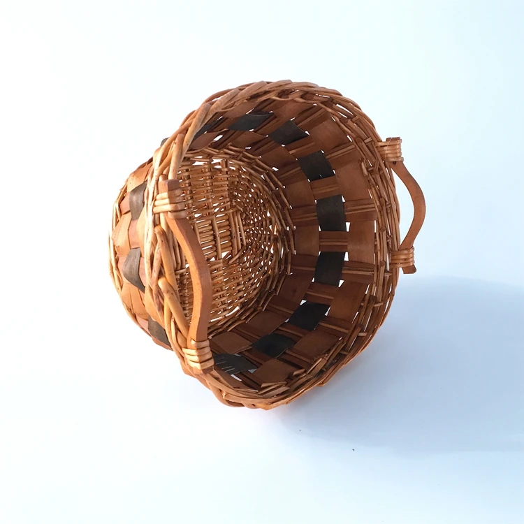 
round willow and wood chip tray with wooden handles honey color tray basket 