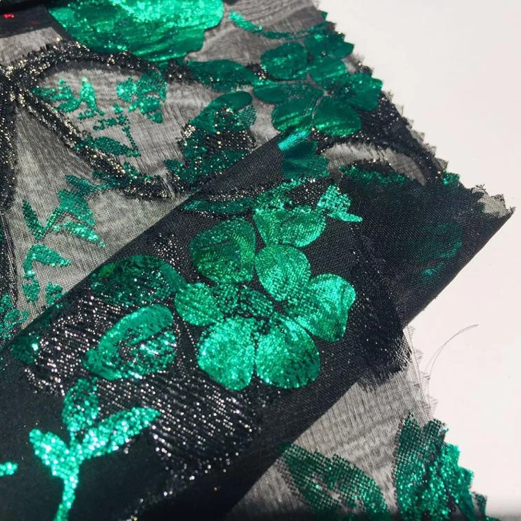High  quality 100% polyester woven Lurex jacquard green color foil print chiffon fabric