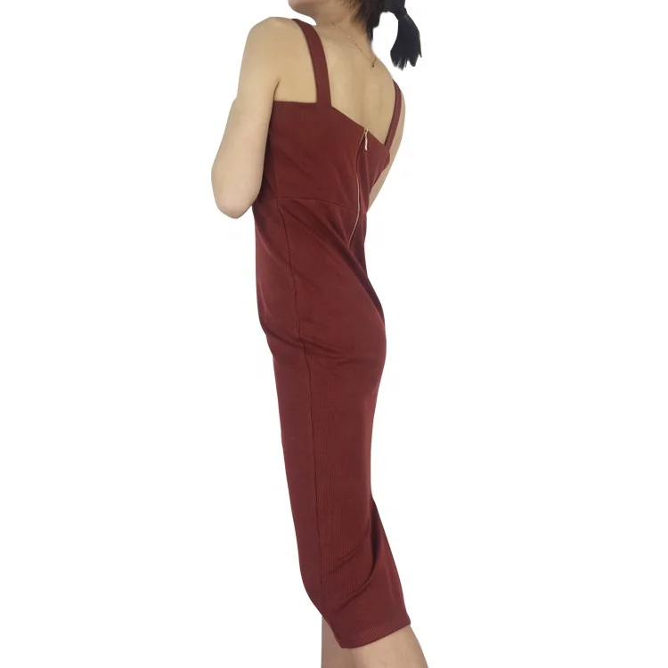 
jacquard spaghetti strap back zipper rust red split long dress 