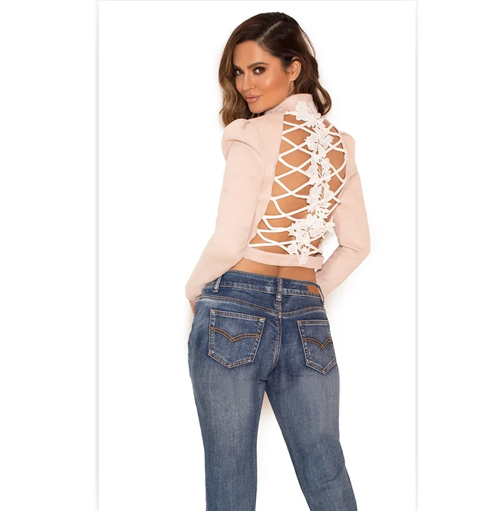 BH3364 с длинными рукавами короткое пальто сексуальное открытое платье с низким вырезом на спине куртка сексуальные кружева на спине, Модный повседневный Топ для женщин