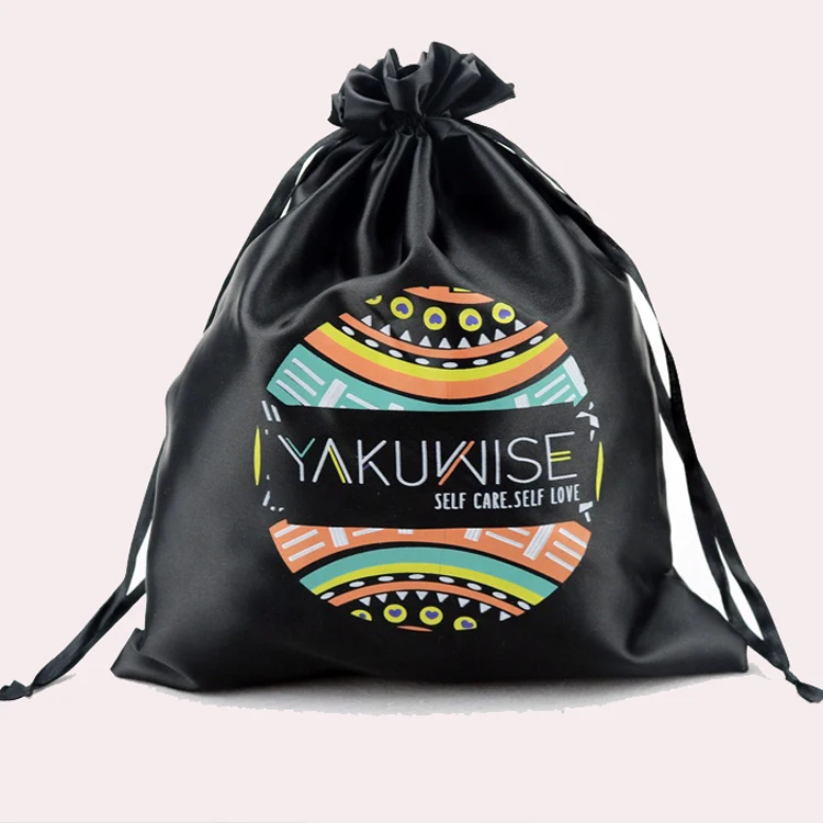 2021 factory custom printed logo extra large silk wig black satin hair bag
