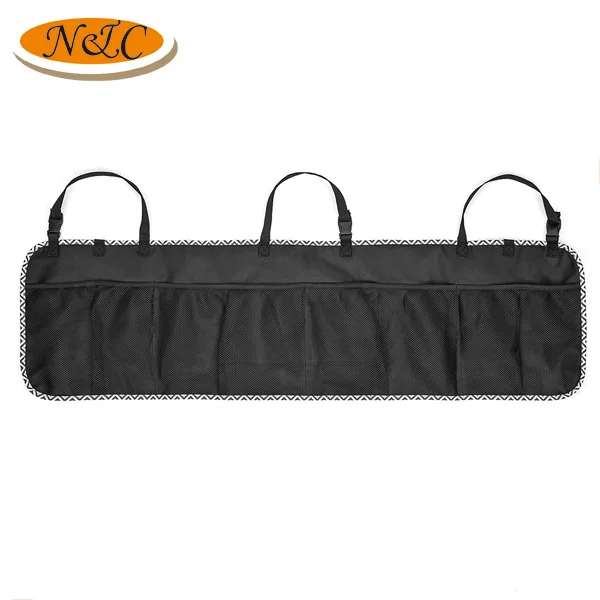 Durable material multiple pockets hanging mesh car seat storage bag,portable easy install convenience car seat storage