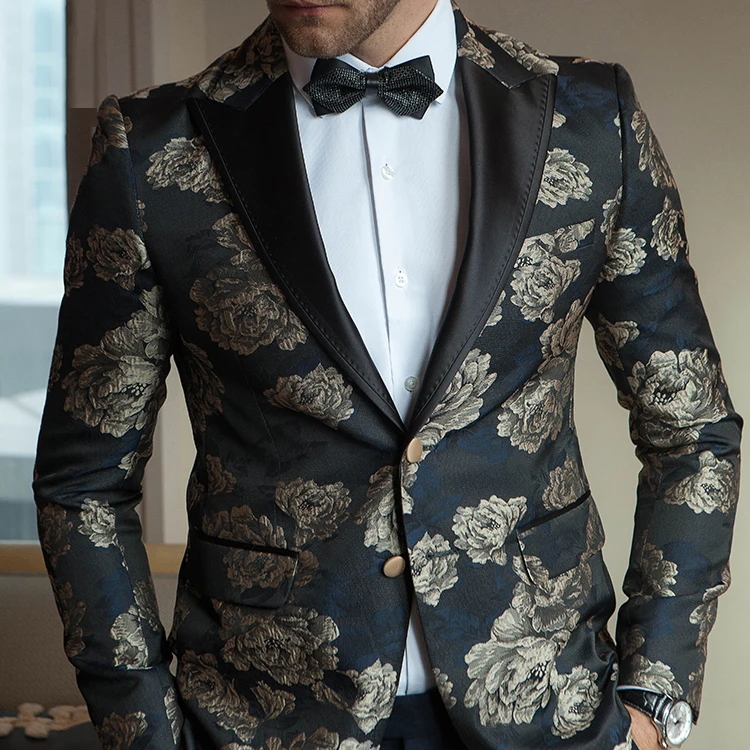 Мужской элегантный жаккардовый костюм из 2 предметов, облегающий смокинг