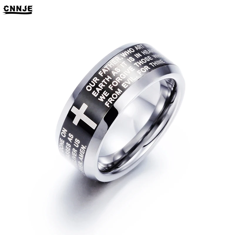 Christian Gift Accessories English Version Bible Jesus Cross Ring Tungsten Carbide Ring
