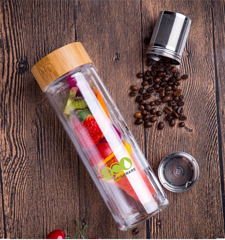 BPA free Promotion 450ml special unique shape transparent intelligent double walled water bottle with logo bamboo lid