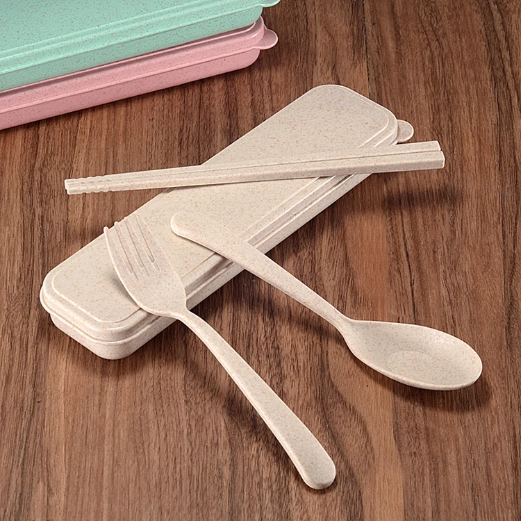 Good Quality Home Use Goods Green Colour Wheat Straw Fork Chopsticks Spoon Tableware Dinnerware Sets