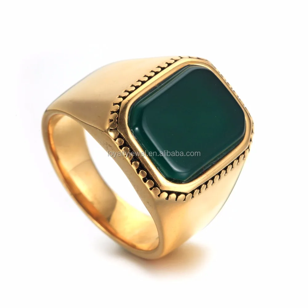 NEW Retro Men gold plated square green and red stone ring