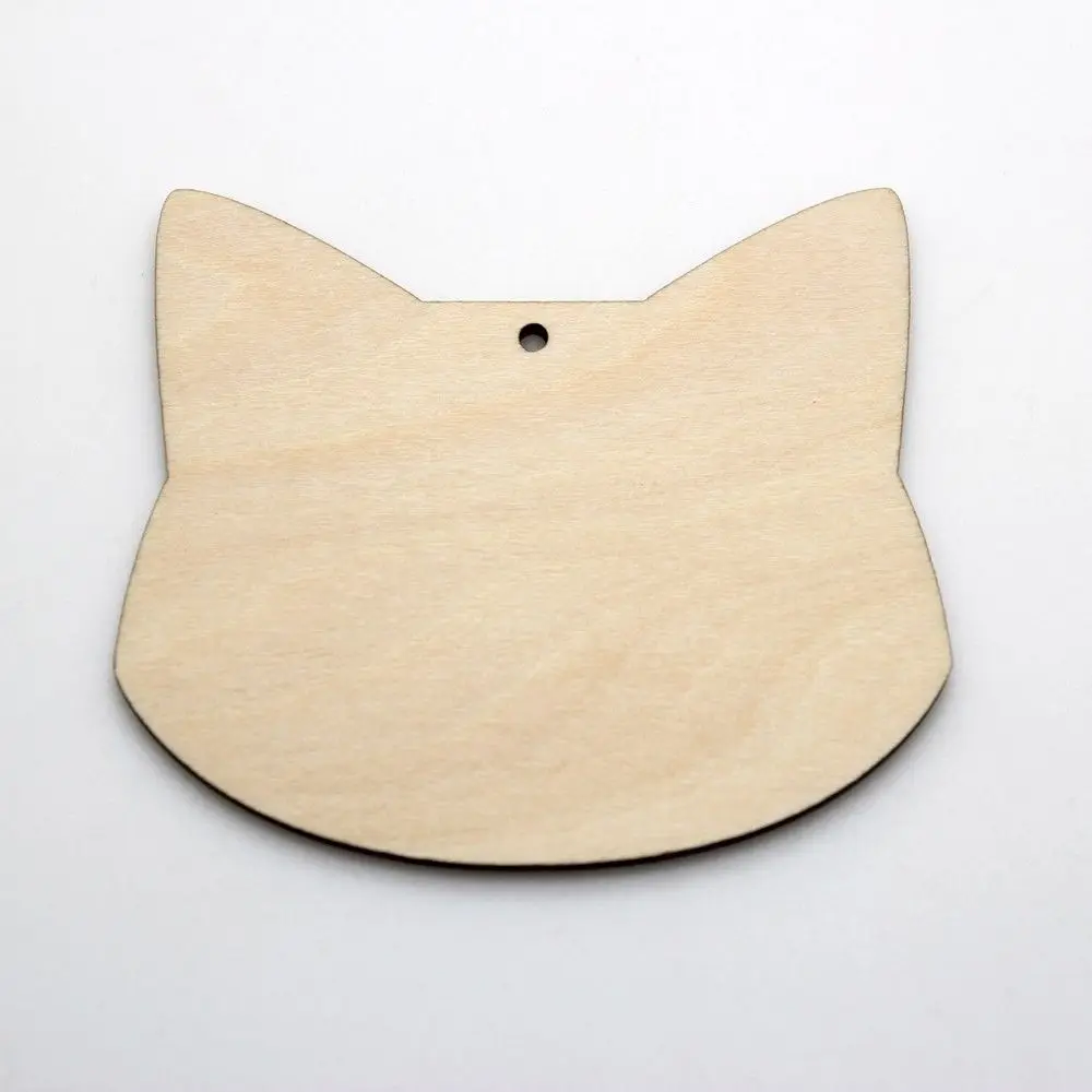 Wooden Cat Head Plain Birthday Wedding Wood Pieces Slice Gift Tags with Hole for Craft DIY