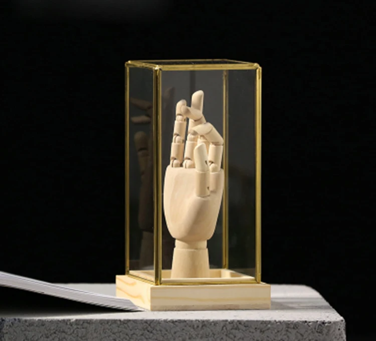 Hot selling Acrylic Desktop Decorative Square Gold Geometric Terrarium With Wooden Base