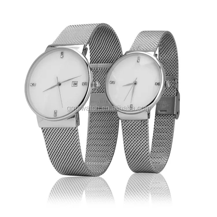 New arrival hot fashion couple watch, charming slim case quartz pair watch, stainless steel mesh band hot sales time pieces