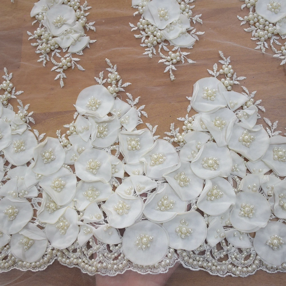 white korea lace fabric pearl embroidery designs for handmade embroidery dresses HY0888-2