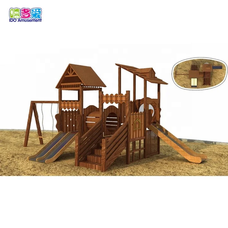 
Customized Children Wooden Outdoor Playground House With Swing Set 