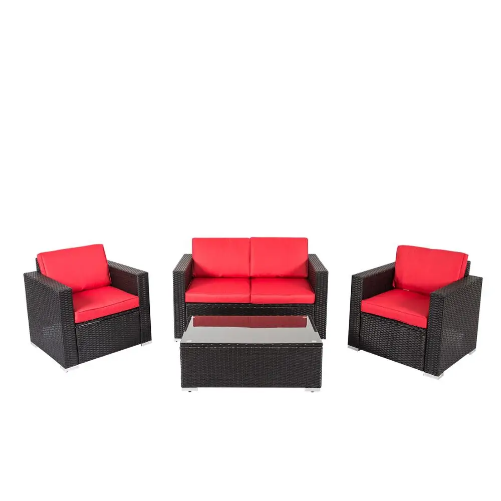 4PCS Outdoor Patio Furniture PE Wicker Rattan Sofa Set Red