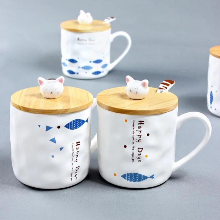Japanese Styles Creative Cute Cat and Fish Cartoon Ceramic Mugs Breakfast Milk Cup With Spoon and Cover for Girls Gift