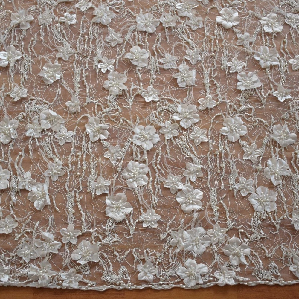 white color pretty bridal lace luxury 3d heavy beaded tulle lace with feather high quality french lace for wedding HY0735-1