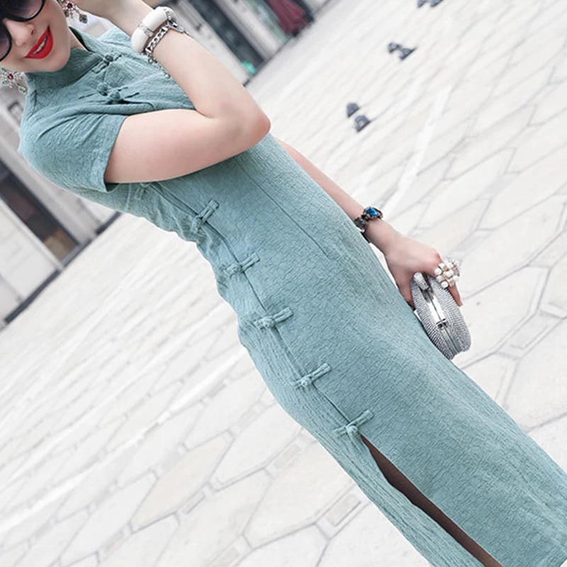 Maxnegio 2018 New Arrival Vintage Slim Fitted Cheongsam Sexy Lady Dress Linen