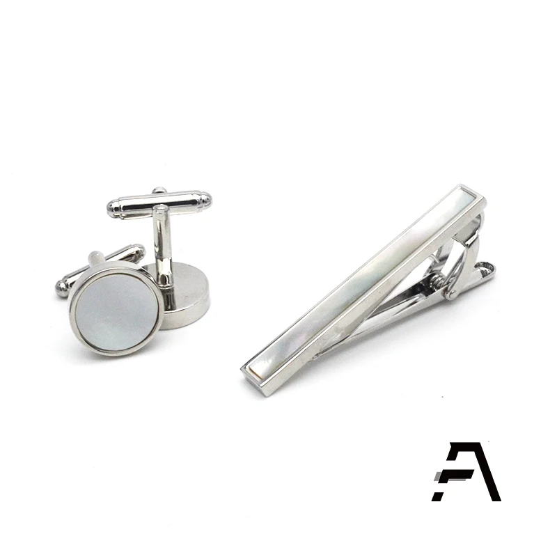 Jewelry Stainless Steel  Mother of Pearl cufflink and tie clip set
