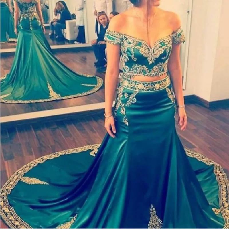 Satin Chapel Train Off The Shoulder 2 Piece Mermaid Evening Dresses Green Prom Dress With Gold Embroidery