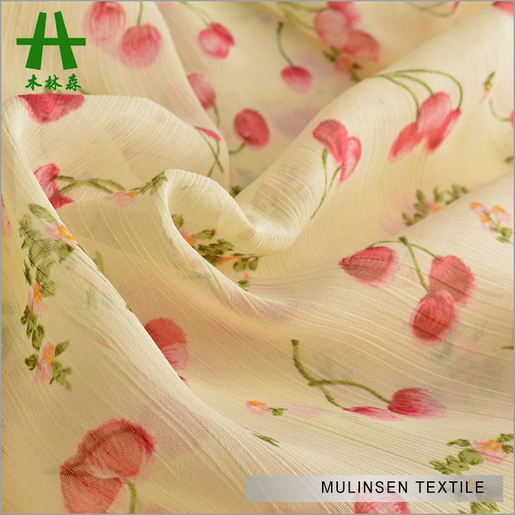 Mulinsen Textile Cherry Design 100% Polyester Crinkle Chiffon Yoryu Light Print Fabric