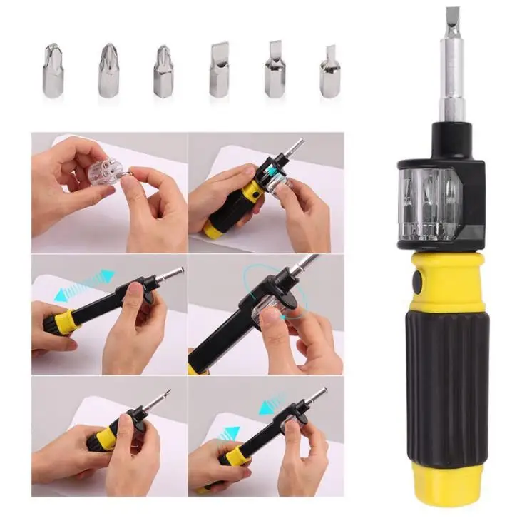 New 6 in 1(7pcs) Multi-function Adjustable Magnetic Revolver 360 Degree Screwdriver Common Bits Set Word Cross Tool