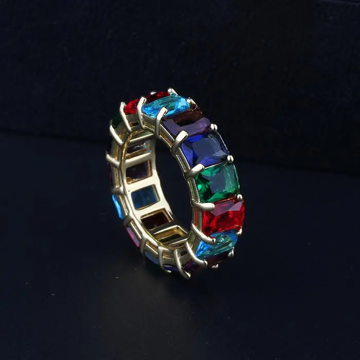 Hiphop Jewelry 18K Gold Plated Men Rainbow Baguette Ring