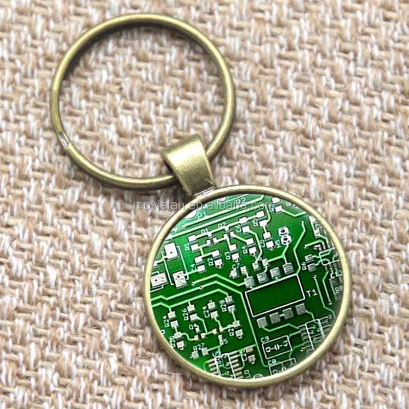 Computer keyring, Green Circuit Board Computer Chip Art keyring cpu print glass keyring