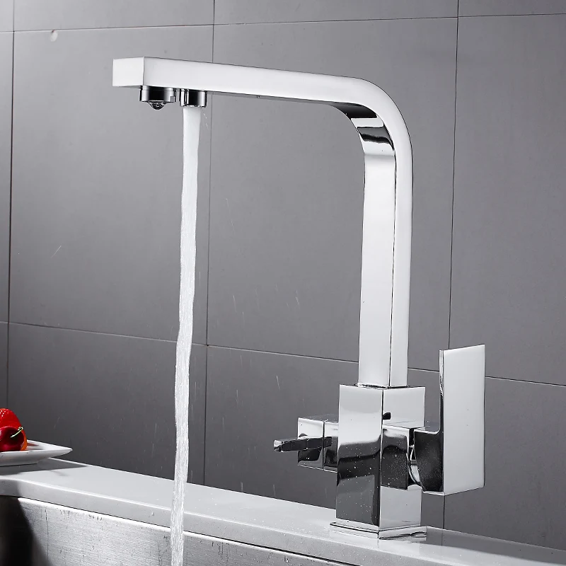 Drinking Water Kitchen Faucet 2-Handle Double Spout 3 Way Kitchen Sink Faucets Hot and Cold and Water Filter Purifier Mixer Tap