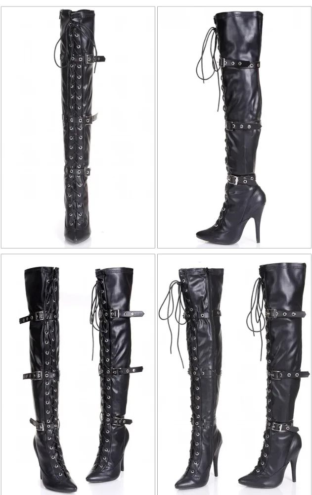 Custom PU 12cm high heel sexy boots lady overknee lace up boot with larger sizes
