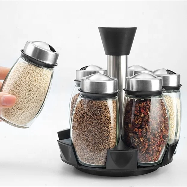 High quality stainless steel Rotary  Spice Jar set Glass condiment pot/bottle with spice rack