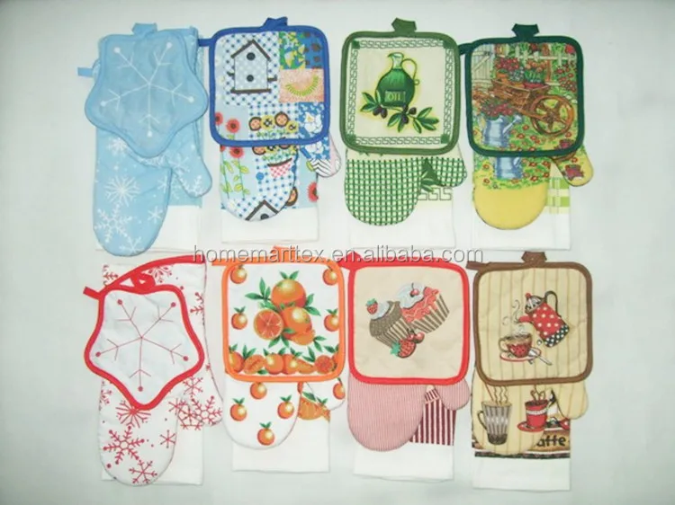 Heat resistant oven mitten custom LOGO printed kitchen BBQ oven glove pot holder set cotton new trend design