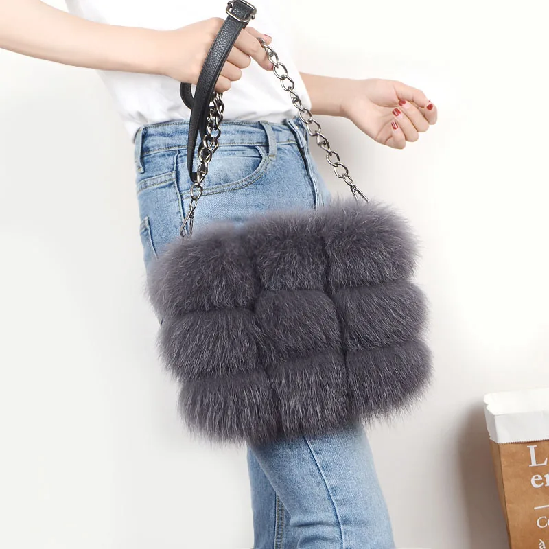 Custom Design Lady Handbag Real Fox Fur Bag Long Metal Chain Shoulder Bag