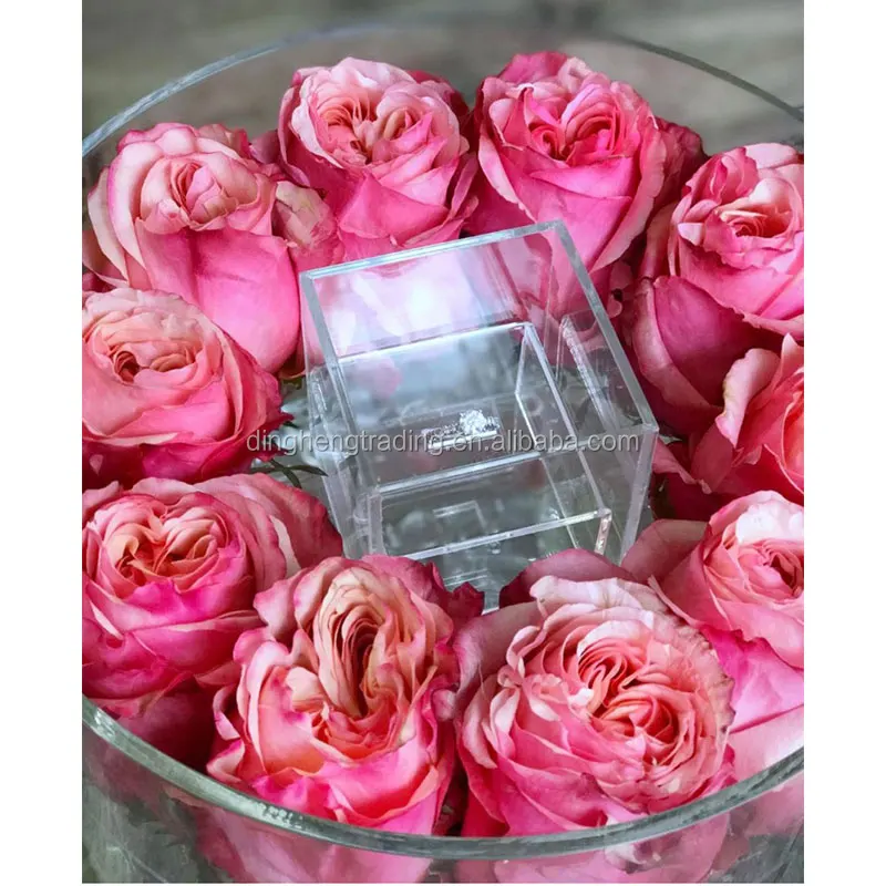 Custom Luxury Clear Acrylic Flowers Round Box with Square Ring Box
