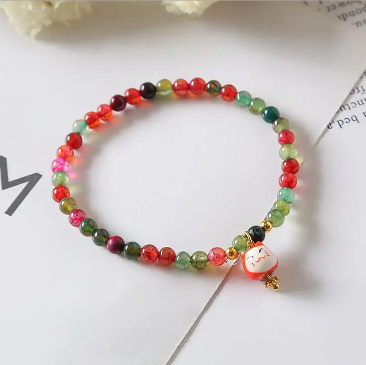 4mm Wholesale Myammar Green Jade Bead Bracelet with Fortune Cat
