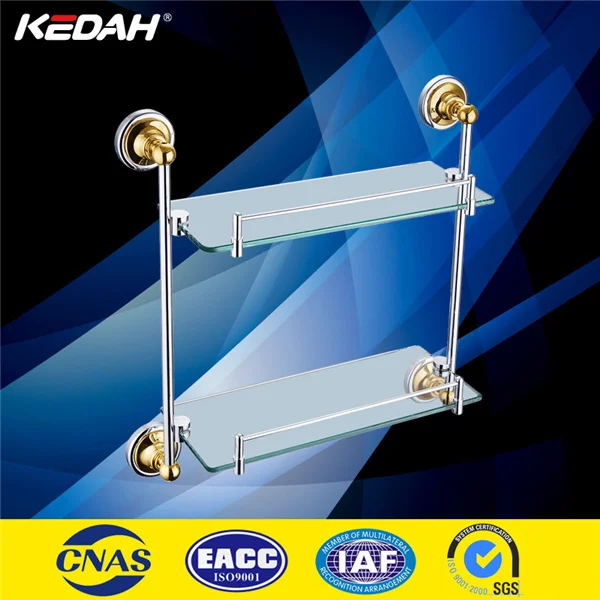 
KD9114 wall mounted double tier golden PVD glass bathroom corner shelf 