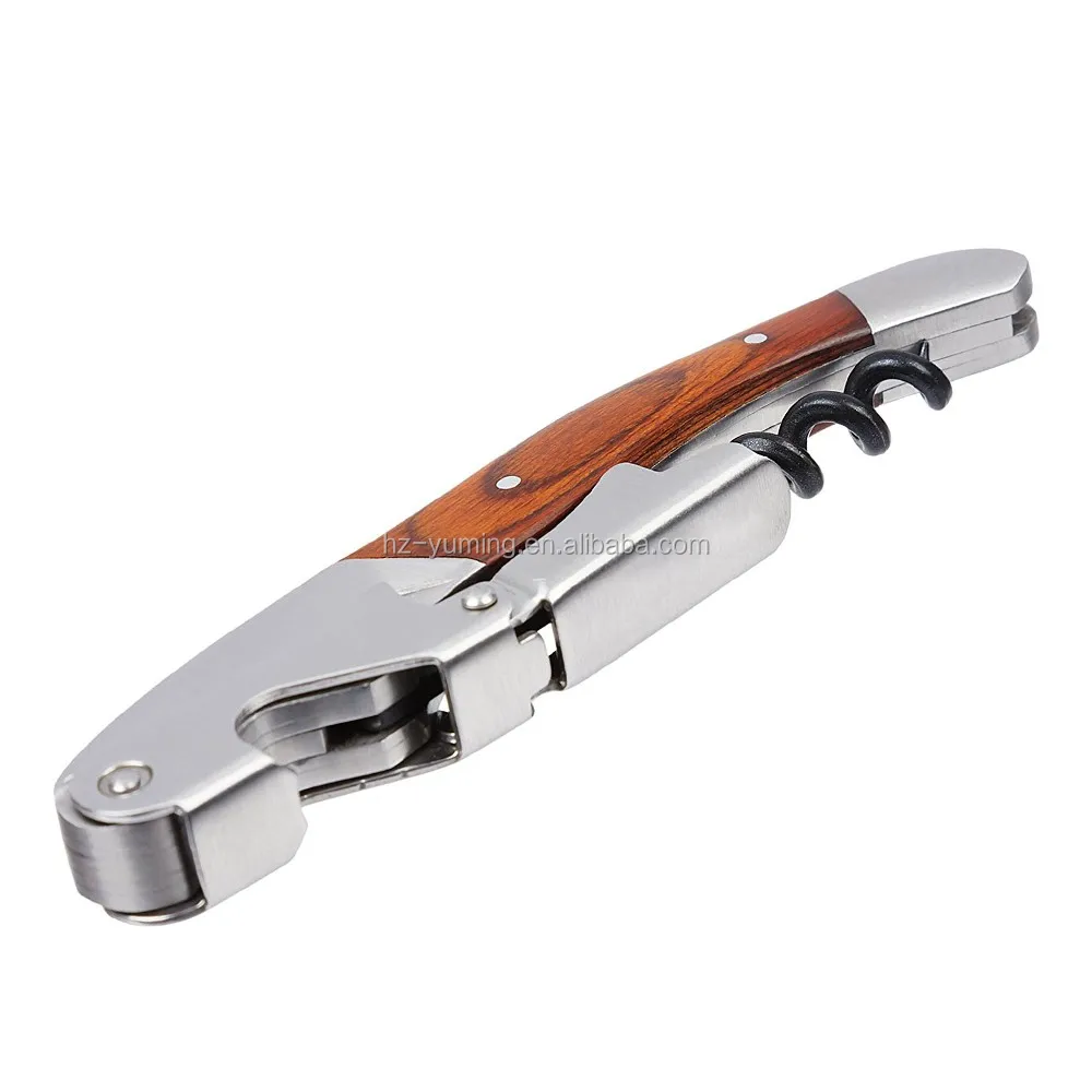 Amazon hot selling custom logo wooden handle wine corkscrew wine opener