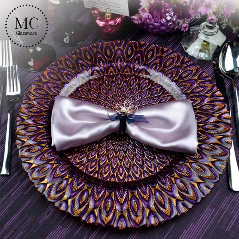 Fancy glass silver peacock charger plates decoration for wedding