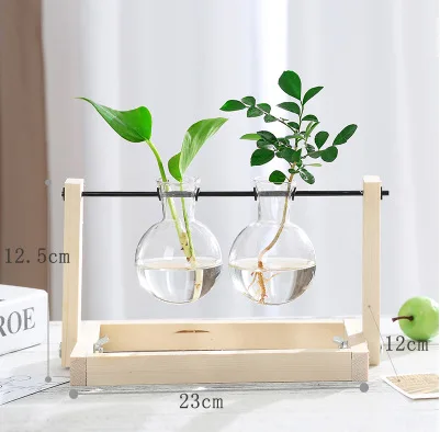 Modern Minimalist Clear Swing Glass Terrarium Vase Set Small Tabletop Ornament with Wooden Frame Base for Pot