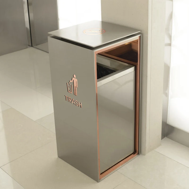 Rose Gold Stainless Steel Waste Basket Trash shopping mall office Rubish Garbish Can Bin